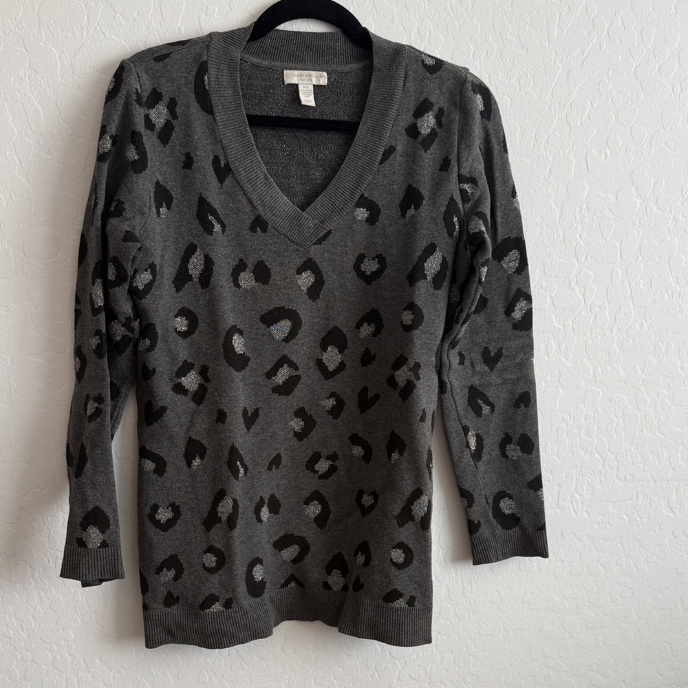 Charter Club Dark Gray Silver Metallic Animal Print V-Neck Sweater